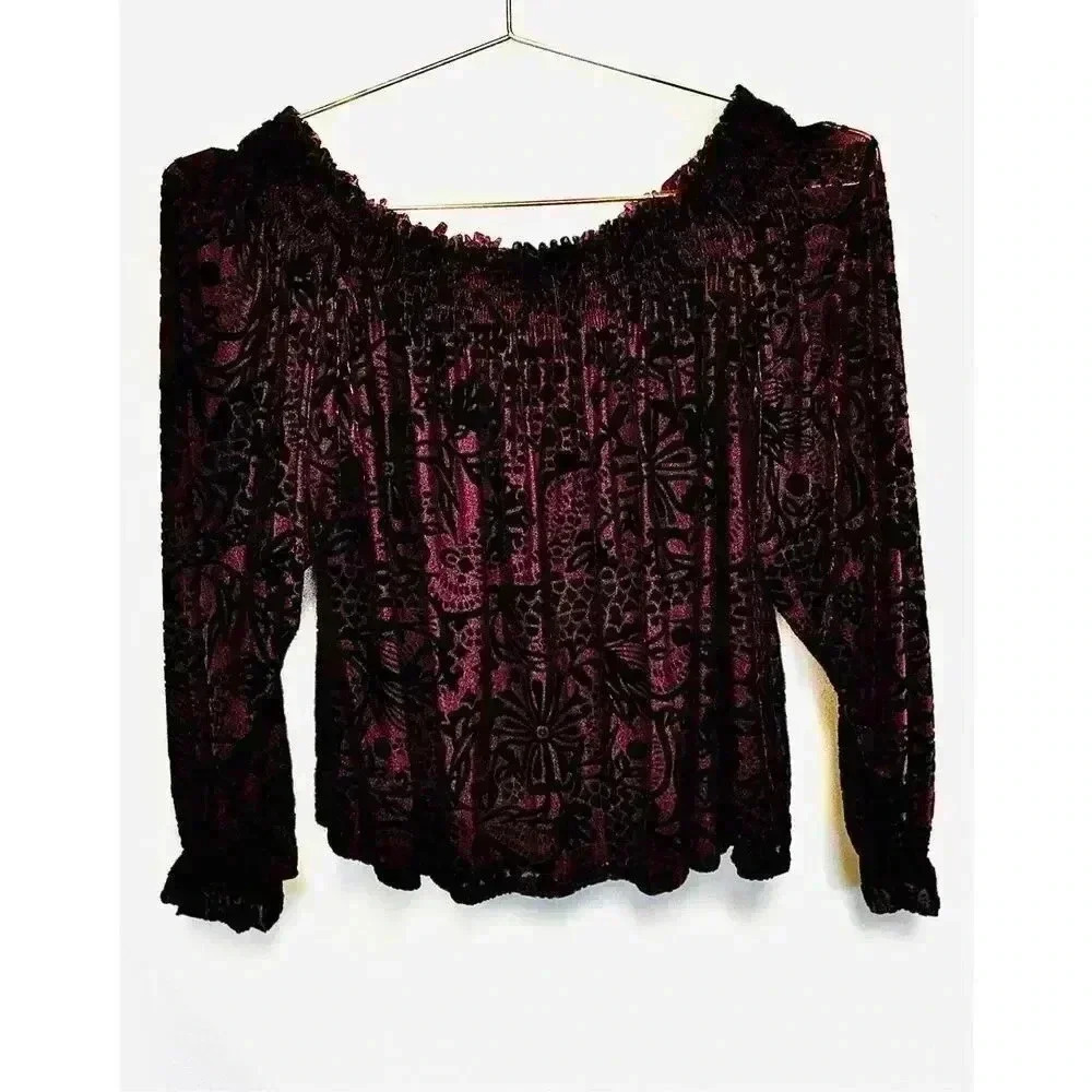 Free People Women’s Size Small Burnout Velvet Top Purple Off the Shoulder Blouse